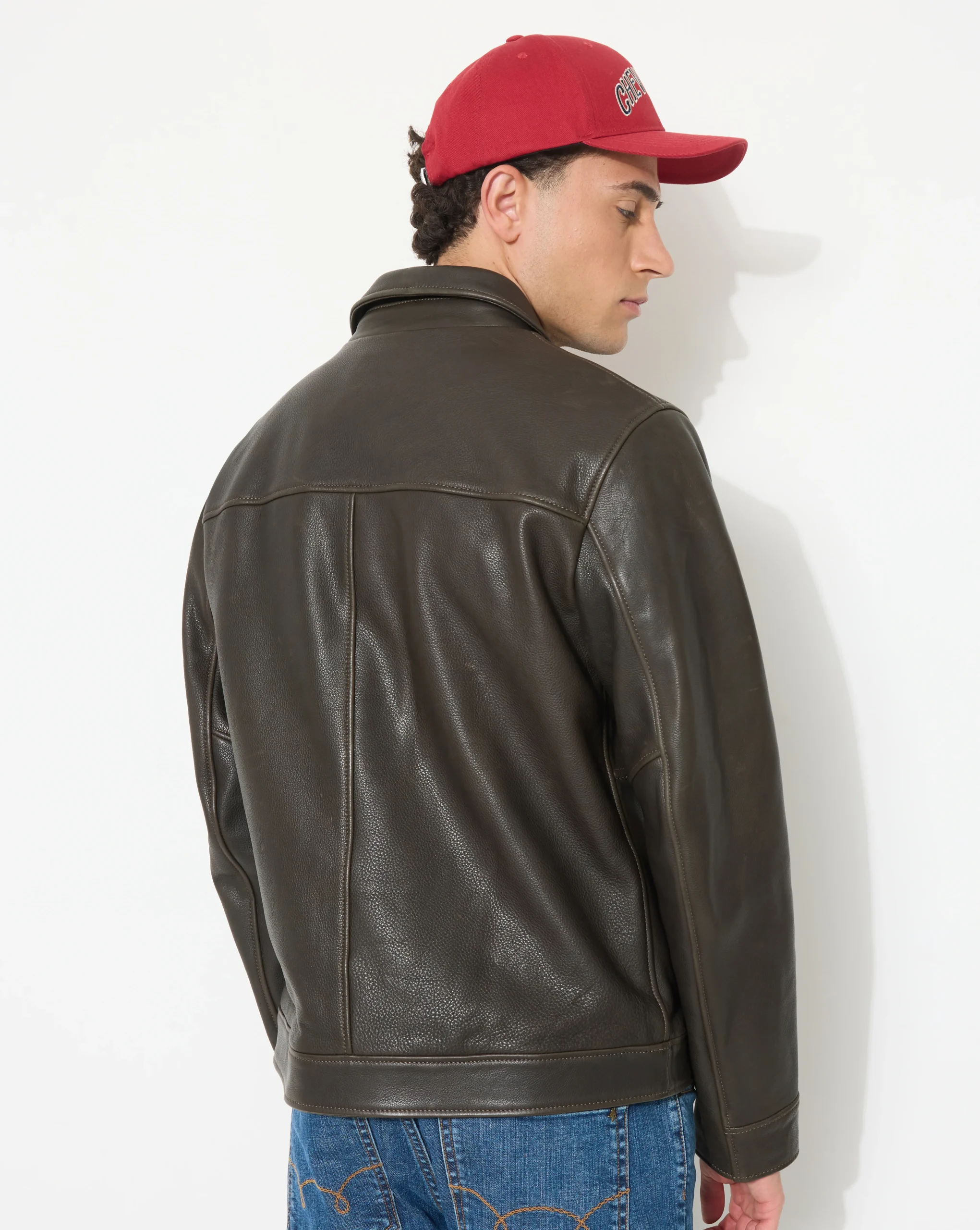 BLOUSON EN CUIR MOTOR MARRON – Image 3