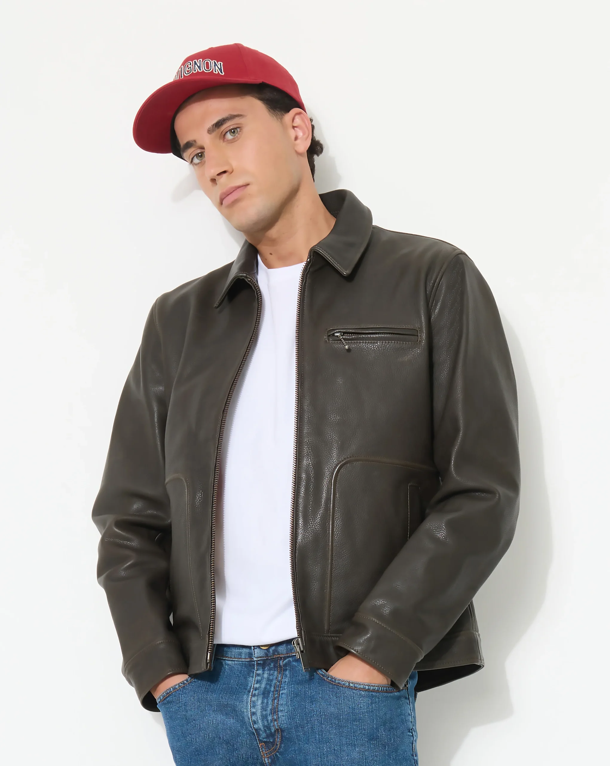 BLOUSON EN CUIR MOTOR MARRON – Image 4