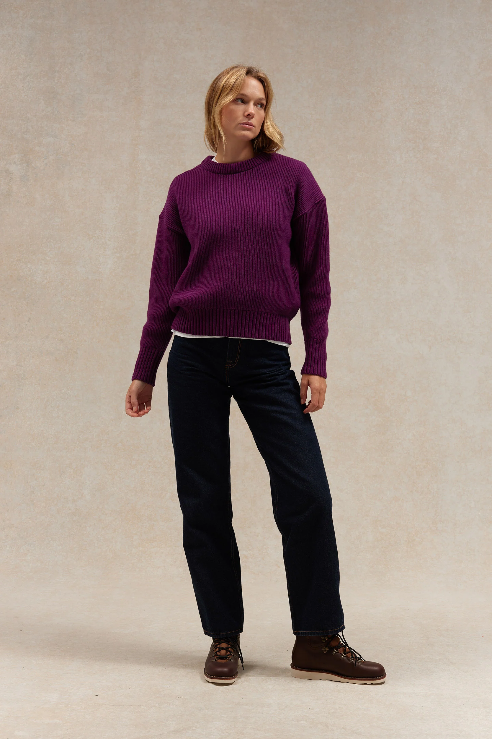 Pull femme col rond prune à côtes anglaises – Image 4