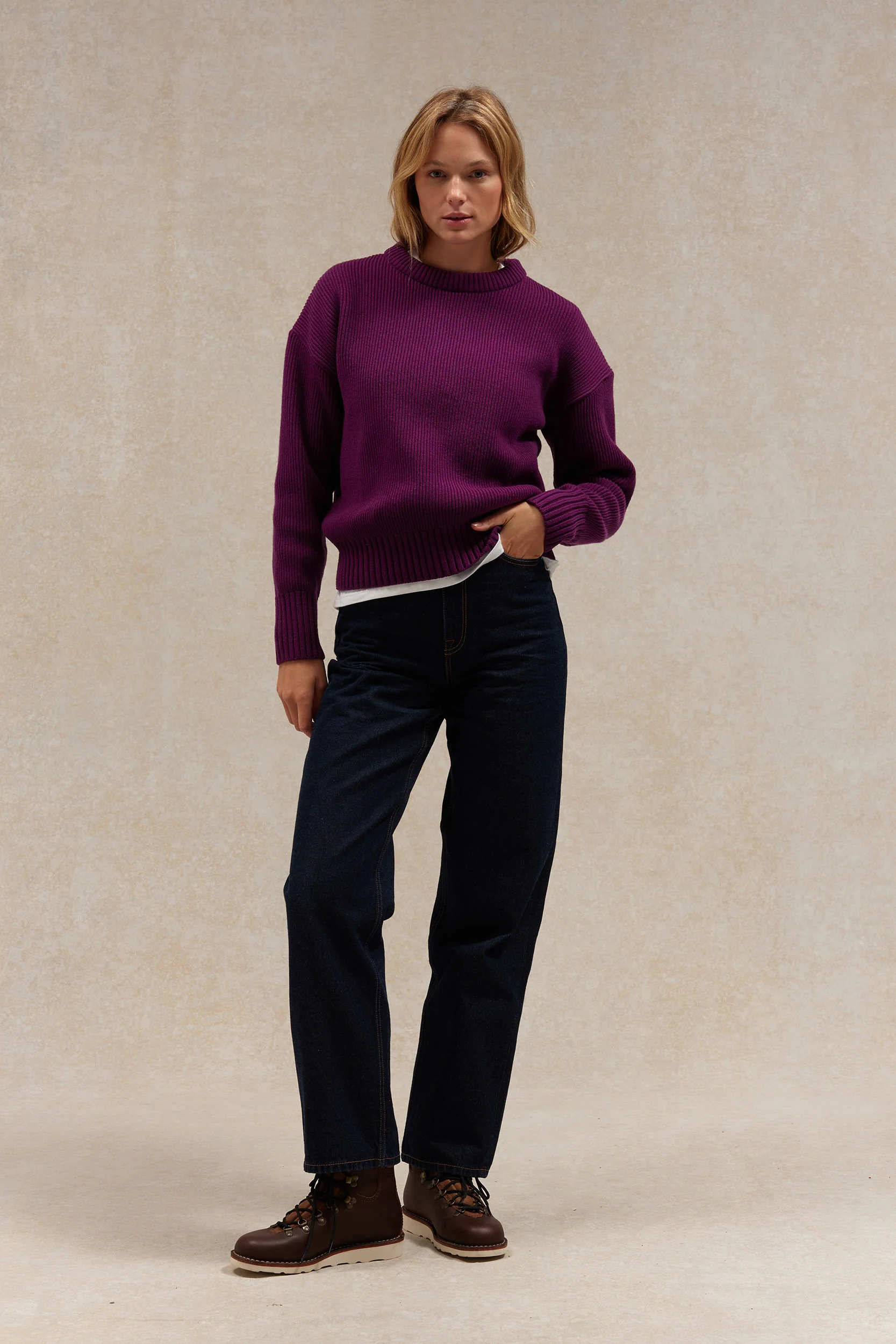 Pull femme col rond prune à côtes anglaises – Image 5